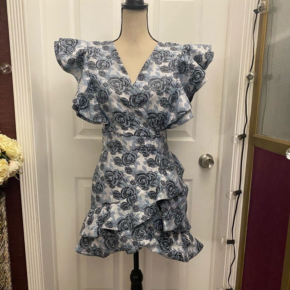 Floral Ruffle Mini Dress - Blue and White